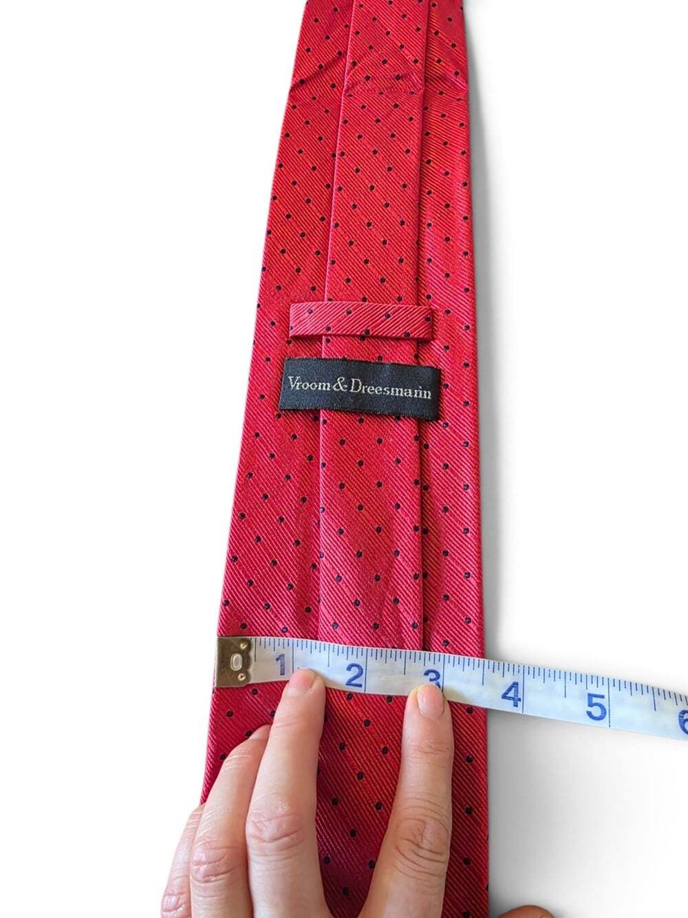 Vroom & Dreesmann Men's 100% Silk Tie Red Black Polka Dot Classic Necktie - Picture 11 of 11